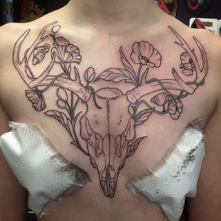 Madeleine Hoogkamer (@madeleinehoogkamer.tattoo) • Instagram photos and videos Skull Chest Tattoo, Duo Tattoo, Chest Tattoo Female Upper, Rose Chest Tattoo, Deer Skull Tattoos, Full Chest Tattoos, Small Chest Tattoos, Occult Tattoo, Torso Tattoos