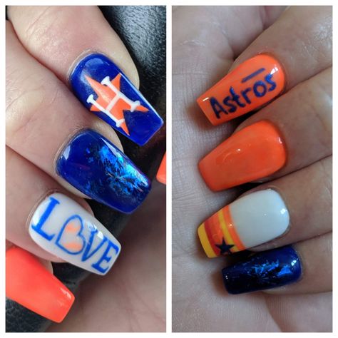 Houston Astros Nails Houston Astros Acrylic Nails, Astros Manicure, Houston Astros Nail Designs, Astros Nail Designs, Houston Astros Nails, Astros Nails, Mascarade Wedding, Baseball Nails, Houston Tattoos