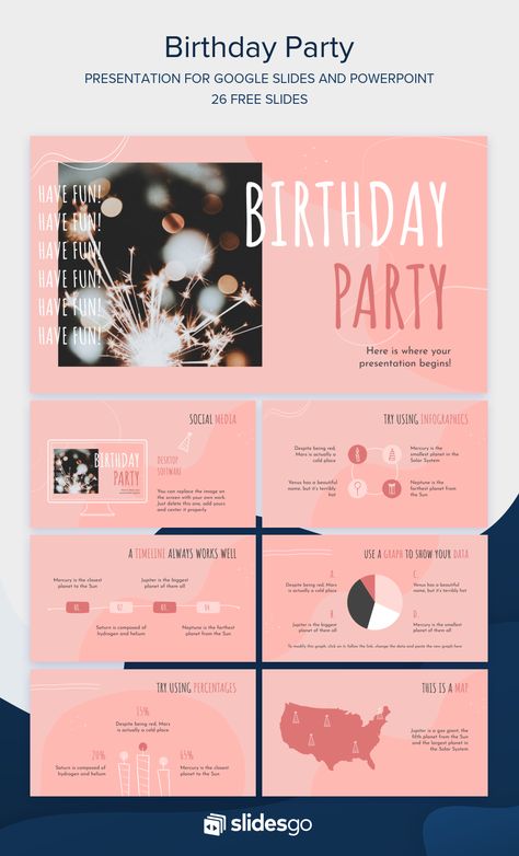 Organize a great Birthday Party with this creative presentation. Download it as a Google Slides theme or PowerPoint template Birthday Powerpoint Ideas, Birthday Presentation Slides, Power Point Party Ideas, Powerpoint Party, Slide Themes, Geometry Vocabulary, 15th Birthday Party Ideas, Free Powerpoint Presentations, Google Slides Theme