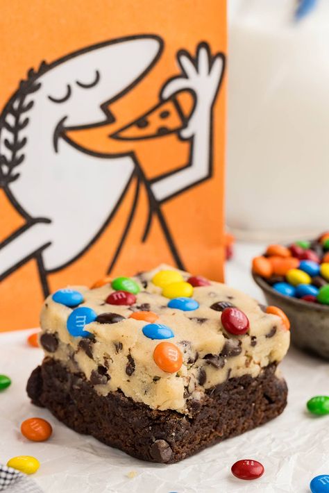 Cookie Dough Brownies on the table with Little Caesars paper bag. Cookie Dough Brownies, Little Caesars, Fudgy Brownie, Fudge Brownie, Edible Cookies, Edible Cookie Dough, Icebox Cake, Brownie Mix, Fudge Brownies