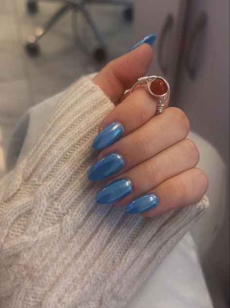 Dusty Blue Chrome Nails, Dark Blue Chrome Nails, Blue Nails Chrome, Blue Metallic Nails, Nails Art Blue, Light Blue Chrome Nails, Nails Gems, Gel Chrome Nails, Luv Nails