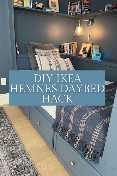 A step by step tutorial for beginners on how I created this custom looking built-in bed using an IKEA HEMNES Daybed. My son loves it! #ikeahack #ikeakidsroom Ikea Hemnes Daybed Hack, Hemnes Daybed Hack, Daybed Hack, Ikea Hemnes Daybed, Hemnes Daybed, Hemnes Bed, Ikea Kids Room, Built In Bed, Diy Home Accessories