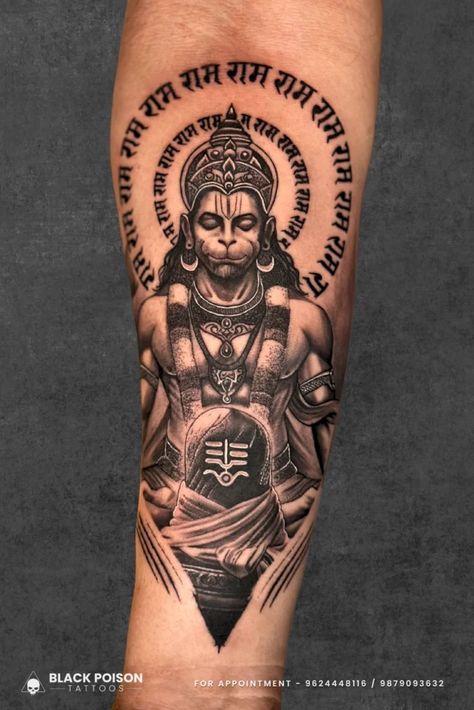 The Ultimate Fusion Tattoo: Lord Hanuman, Shivling, and Ram-Ram Chants Lord Hanuman Tattoo Design, Hanuman Tattoo Design, Hanuman Tattoo, Ram Tattoo, Awareness Tattoo, Ram Ram, Religious Tattoos, Tattoo Aftercare, Hand Tattoos For Guys