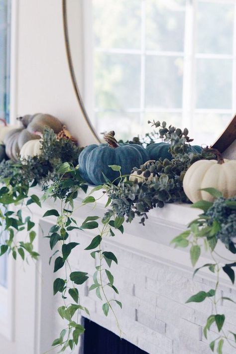 Fall decorating ideas - blue and white pumpkins and greenery on the mantel - Janan Kissler - Home Bunch Interior Design Ideas Modern Fall Decorating, Thanksgiving Decorations For Home, White Ceramic Pumpkins, Blue Fall Decor, Fall Mantle Decor, Modern Fall Decor, Fall Mantle, Fall Decorating Ideas, Home Bunch