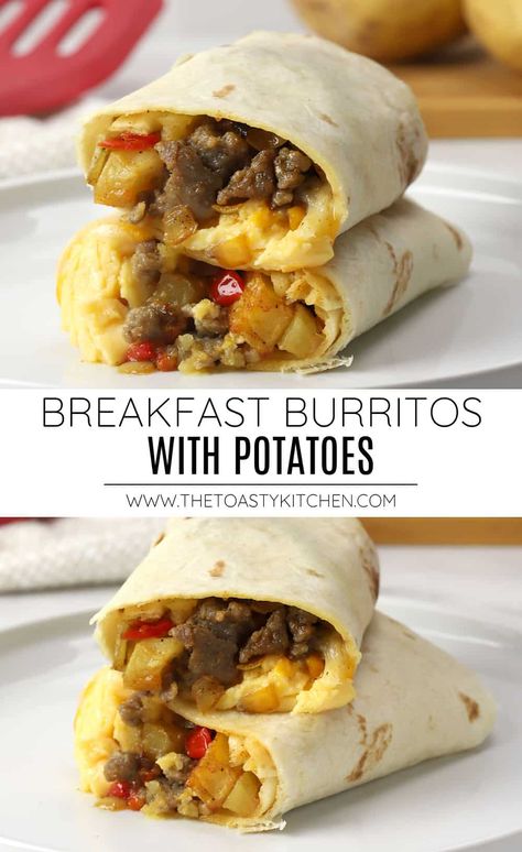 Breakfast burritos with potatoes recipe by The Toasty Kitchen. Breakfast burritos with potatoes are an easy, delicious, and filling way to start your day. This recipe combines oven roasted country potatoes with scrambled eggs, sausage, and cheese in a soft tortilla. #breakfastburritos #breakfastburritowithpotatoes #breakfastpotatoes #breakfast #freezerfriendly #mealprep Breakfast Burritos With Potatoes, Sausage Peppers Onions, Easy Breakfast Burritos, Freezer Breakfast Burritos, Breakfast Burritos Frozen, Sausage Peppers, Breakfast Burritos Recipe, Prep Breakfast, Frozen Breakfast