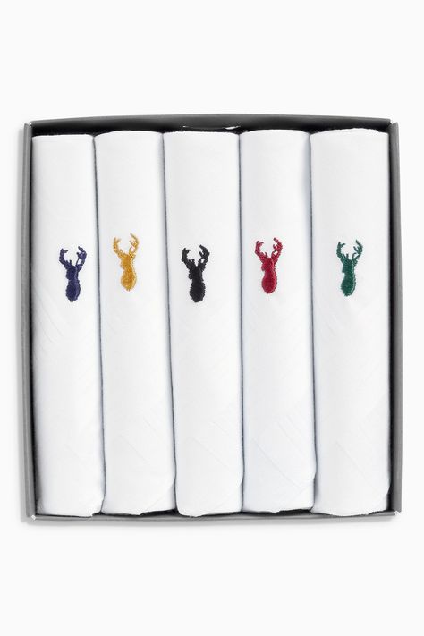 Mens Next White Stag Embroidered Handkerchiefs Five Pack -  White Embroidery Designs For Men, Men Handkerchief, Handkerchief Men, Embroidered Handkerchief, White Stag, Next Day, Embroidery Designs, For Men, Embroidery