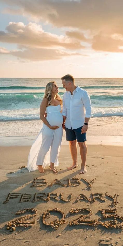 couple announcing their pregnancy on the beach Maternity Photo Shoot On Beach, Gender Reveal Beach Pictures, Baby Announcement On Beach, Baby Announcement Beach Ideas, Pregnancy Announcement At Beach, Beach Pregnancy Announcement With Kids, Gender Reveal On Beach, Unique Baby Reveal Ideas, Beach Baby Announcement With Sibling