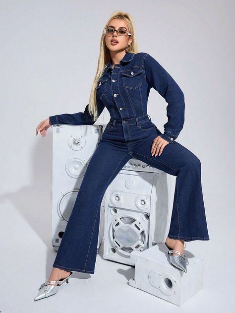 Women's Long Sleeve Button Half Placket Pockets Flare Sleeve Casual Denim Jumpsuit Dark Wash Casual  Long Sleeve Denim Plain Shirt High Stretch  Women Clothing, size features are:Bust: ,Length: ,Sleeve Length: Plain Shirt, Plain Shirts, Denim Overalls, Denim Jumpsuit, Casual Denim, Flared Sleeves, Denim Women, Women Long Sleeve, Women Clothing