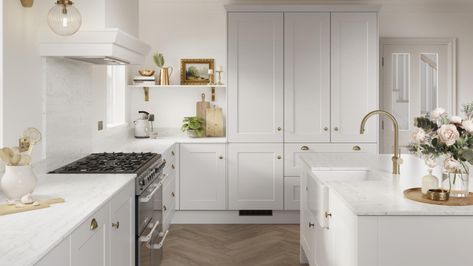 Howdens Dove Grey, Howdens Chelford, Dove Grey Kitchen, Modern Shaker Kitchen, Cabinet Types, Shaker Kitchens, Fitted Kitchens, White Shaker Kitchen, Kitchen Guide