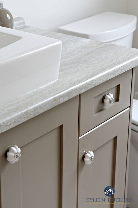 The 4 Best Gray & Greige Colours for Cabinets & Vanities (Medium-toned) - Kylie M Interiors Kingsport Gray, Colors With Oak Cabinets, Greige Bathroom, Taupe Bathroom, Kylie M Interiors, Painted Vanity Bathroom, Greige Paint Colors, Greige Paint, Painted Bathroom