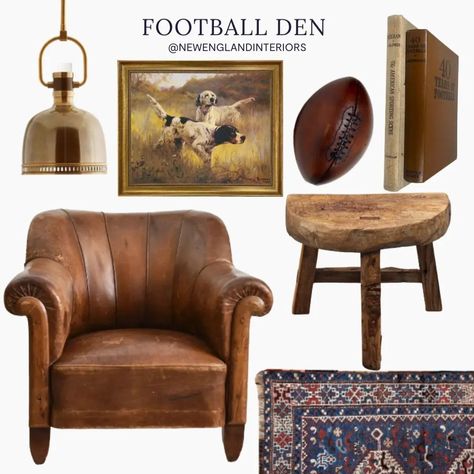 New England Interiors • Football Den • Wall Art, Vintage Rug, Pendant Lighting, Football, Leather Chair, Sporting Books, Vintage Stool. :raised_hands: :football:TO SHOP: Click the link in bio or copy this link into your web browser https://liketk.it/3Rbft New England Interiors, Vintage Sports Room, Small Colonial, New England Interior, Raised Hands, England Lifestyle, Living Room Throws, Fireplace Set, Books Vintage