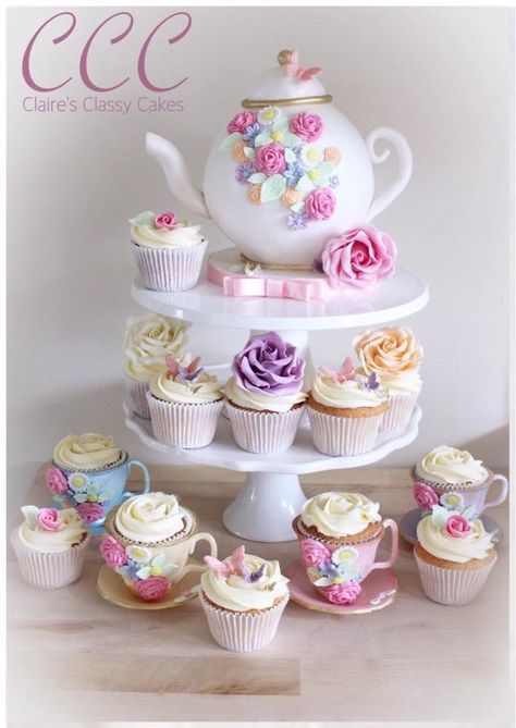 Yea Party Cupcakes, Tea Party Cupcakes Ideas, Tea Pot Cake, Tea Theme Cake, Tea Party Cake Ideas Girl Birthday, Tea For 2 Birthday Cake, Tea Party Cakes, Tea Party Birthday Cake, Tea For Three Birthday Cake