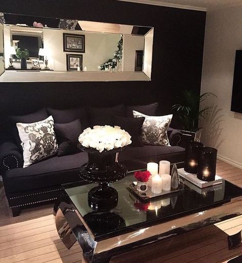 Scorpio decorating style. Black Couch, Black Couches, Black Living Room, Woman Cave, Black Furniture, Apartment Decorating, Living Room Inspo, Modern Interiors, New Living Room