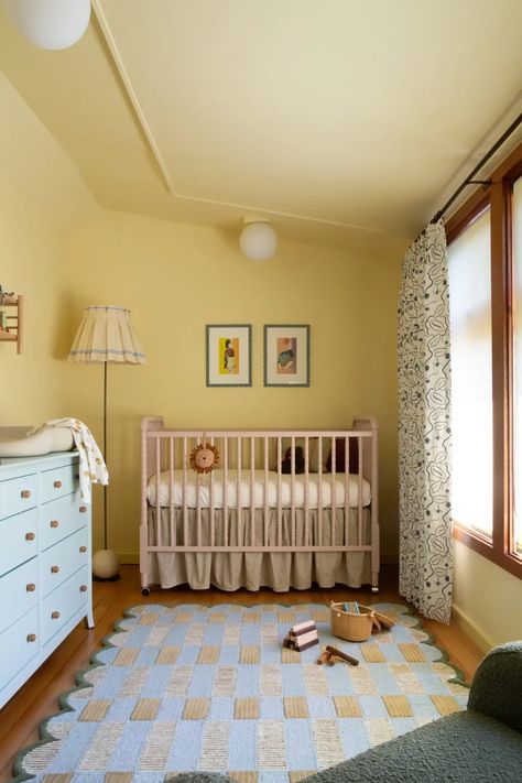 Gender Neutral Nursery With Color, Curved Wainscoting, Funky Nursery, Cozy Window Nook, Apartment Nursery, Nursery Design Girl, Tiny Nursery, Bedroom Mural, Baby Nurseries