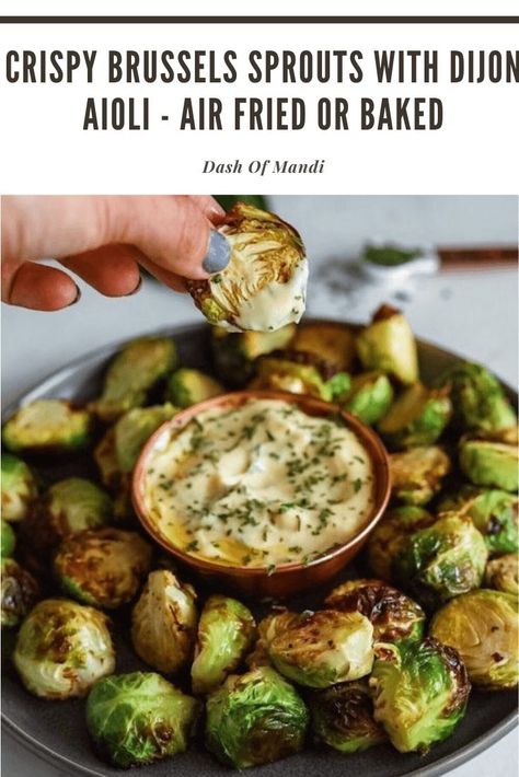 Crispy brussels sprouts made in the air fryer or oven Dijon Aioli, Crispy Brussel Sprouts, Sprout Recipes, Brussels Sprouts Recipe, Veggie Side Dishes, Air Fryer Recipes Healthy, Aioli, Veggie Sides, Veggie Dishes