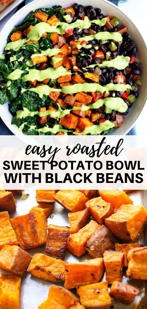 Sweet Potatoes And Kale Recipes, Filling Whole Foods, Buddha Bowl With Sweet Potato, Sweet Potato Black Bean Kale, Sweet Potato Kale Power Bowl, Paleo Recipes Sweet Potato, Kale And Black Beans, Vegan Dinner Potato Recipes, Mediterranean Recipes Sweet Potatoes