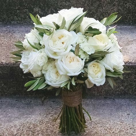 White Roses And Olive Bouquet, Bridal Bouquet With Olive Leaves, Bridal Bouquet Olive Leaves, Wedding Bouquets With Olive Leaves, Olive And White Roses Wedding, Bouquet With Olive Leaves, Olive Leaf Bouquet, Olive Leaves Wedding, Olive Bouquet