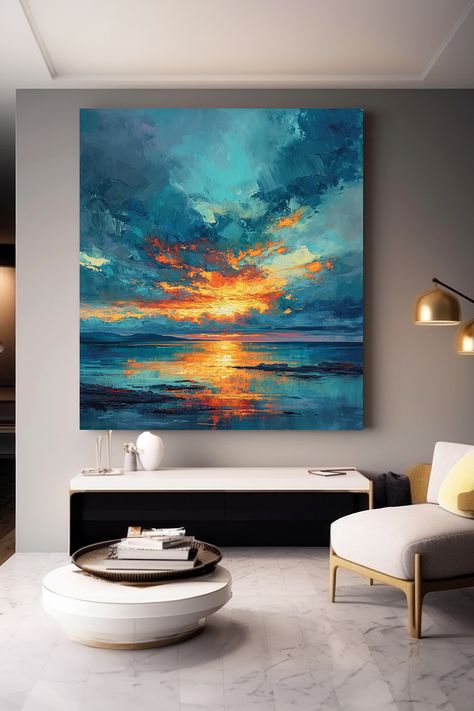 Original handmade oil painting of a vibrant sunset over a calm beach with turquoise waters reflecting orange and yellow sky Orange Hues, Sunset Art, Handmade Oil, Nature Indoors, Sunset Beach, Unique Wall Art, Beach Sunset, Beach Decor, Picture Wall