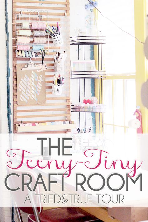 Tried & True's Teeny Tiny Craft Room Tour - Great ways to utilize storage space in a confined area! Tiny Craft Room, Small Craft Rooms, Craft Supply Storage, Dream Craft Room, Sewing Storage, Scrapbook Room, Space Room, Office Crafts, Diy Spring