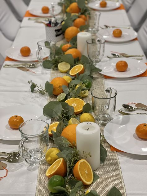 Orange And Lemon Table Decoration, Green Arrangements Leaves, Oranges Party Decor, Table Decor With Oranges, Eucalyptus And Orange Table Decor, Orange Themed Dinner Party, Citrus Wedding Table Decor, Cutie Baby Shower Table Setting, Lemon Table Centerpieces