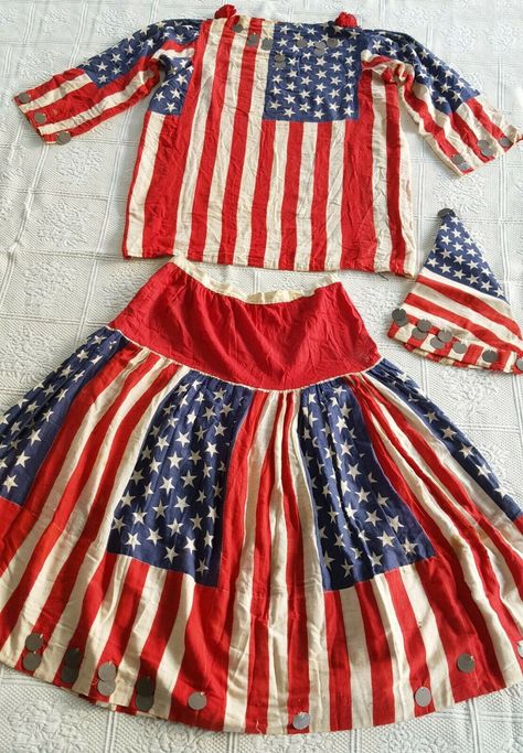 Antique 45 Star Patriotic Costume Patriotic American Flag Relaxed Fit Top, Red Patriotic American Flag Top, Blue Americana Top With American Flag, Patriotic Costumes, First American Flag, Americana T-shirt With American Flag For 4th Of July, Patriotic American Flag Print Swimwear, Parade Dress, Patriotic Dresses