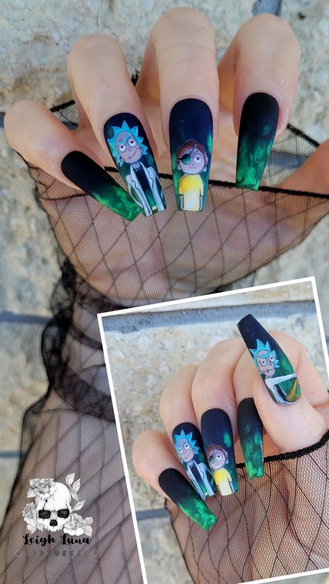 Rick And Morty Acrylic Nails, Rick Morty Nails, Rick And Morty Nails Acrylic, Rick And Morty Nail Art, Evil Rick And Morty, Animated Nails, Rick And Morty Nails, Evil Rick, Badass Nails