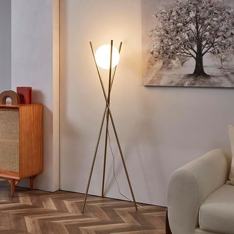 Ozarke Solstice Glass Globe Floor Lamp - Mid Century Modern Contemporary LED Standing Light for Bedroom, Living Room, Hotel, Home Office, Brass Gold - Amazon.com Mid Century Modern Standing Lamp, Modern Gold Floor Lamp, Modern Standing Lamps, Mid Century Modern Floor Lamps, Globe Floor Lamp, Standing Light, Office Lamp, Gold Floor Lamp, Tall Lamps