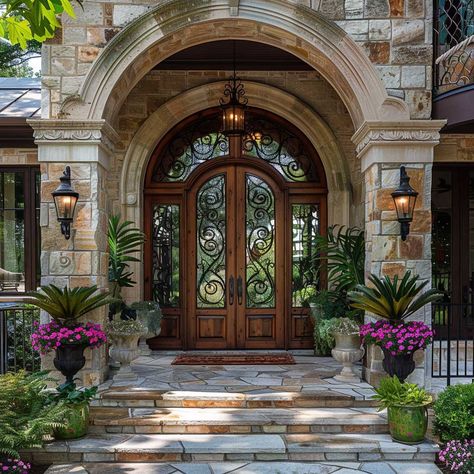 Discover 12 elegant front door entrance ideas inspired by French country style, featuring stone pathways, rustic wood doors, and inviting arched entryways for a timeless charm. Door Entrance Ideas, Modern French Country Exterior, Front Door Entrance Ideas, House Entrance Doors, Stone Pathways, French Country Exterior, Courtyard Landscaping, Hacienda Style Homes, Modern French Country