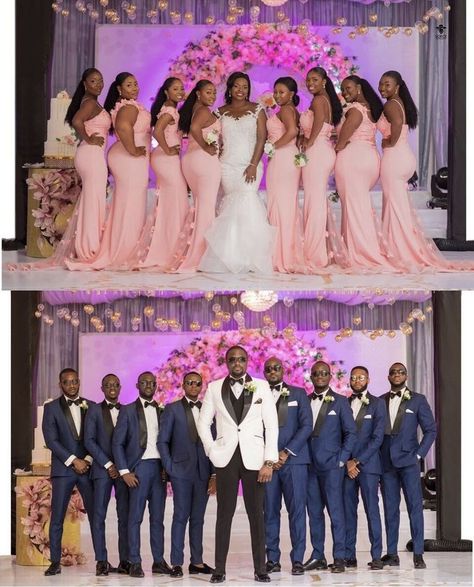 Black Couples Wedding Colors, Black People Weddings Colors, Black Couples Wedding Ideas, Blue Wedding Black People, Blue And Pink Bridal Party, Black Couple Wedding Colors, Melanin Wedding Colors, Black People Wedding Colors, Pink Bridesmaid Dresses With Groomsmen