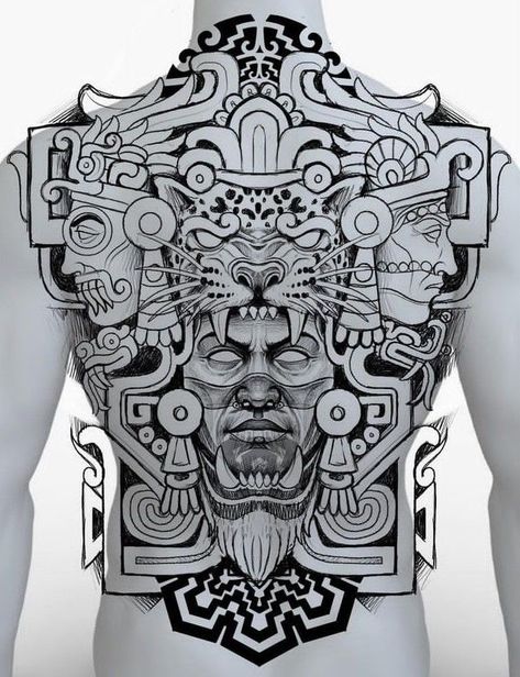 Aztec Drawing Tattoo, Mayan Back Tattoo, Maya Tattoo Design, Mexican Back Tattoos, Aztec Back Tattoo, Mayan Warrior Tattoo, Aztec Jaguar Tattoo, Mayan Tattoo Designs, Aztec Art Tattoo