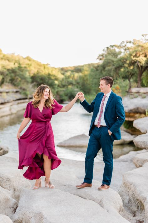 Bull Creek engagement photo, maroon dress, navy suit, what to wear for engagement photos, engagement wardrobe idea Maroon Engagement Photos, Navy Engagement Photos, Water Engagement Photos, Austin Engagement Photos, Elk Photography, Summer Engagement Photos, Couples Outfit, Outfit Wedding, Engagement Picture