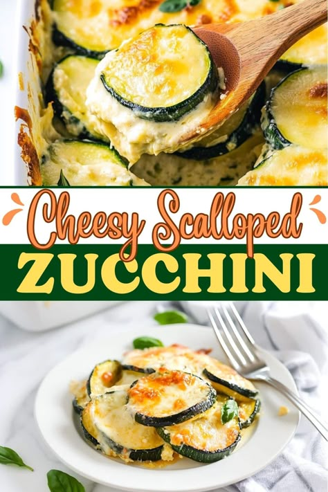 This easy cheesy scalloped zucchini is a tasty side dish featuring sliced zucchini layered with a rich, creamy sauce and baked to golden perfection. Zucchini As A Side Dish, Zuchinis Recipe Cheesy, What To Make With Squash And Zucchini, Cheesy Scalloped Zucchini, Recipes With Squash And Zucchini, Zuccini Sides Dishes, Zucchini Sides, Scalloped Zucchini, Zucchini And Squash Recipes