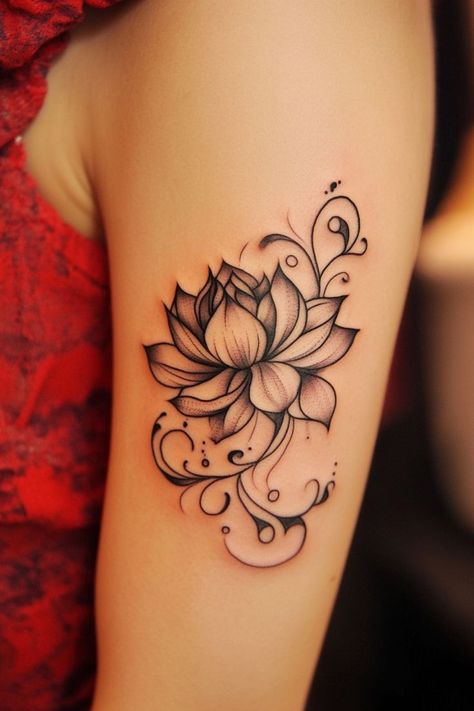 Lotus Upper Arm Tattoo, Indian Wrist Tattoos For Women, Lotus Flower Line Tattoo, Outside Arm Tattoo Women, Lotus Flower Tattoo Sleeve, Lotus Flower Sternum Tattoo, Lotus Flower Tattoo Stencil, Abdomen Tattoos Women, Boho Tattoos For Women