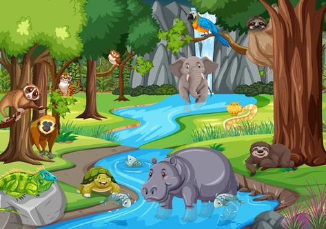 Wild animal in the jungle scene | Free Vector #Freepik #freevector #travel #water #wood #green Gond Painting, Jungle Scene, Story Books Illustrations, Neon Backgrounds, In The Jungle, Kids Story Books, Seamless Pattern Vector, Krishna Art, Geometric Background