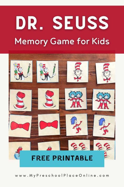 Are you looking for Dr. Seuss-themed activities to do with your preschoolers? We’ve created a Dr. Seuss memory game that is perfect for helping young children develop their thinking skills, attention span, concentration, and persistence. Get the free printable Dr. Seuss Match Game now as a PDF so you can play it at home with your kids or in your home preschool. No sign-up is needed. Dr Seuss Circle Time Preschool, Dr Seuss Preschool Activities Free Printables, Dr Seuss Activities For Preschool, Dr Suess Activities, Dr Seuss Games, Dr Seuss Crafts Kindergarten, Dr Seuss Math Activities, Dr Seuss Preschool Theme, Dr Seuss Game