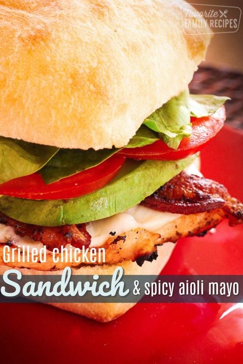 good Grilled Chicken Sandwich, especially with some grilled bacon, avocado, and a tangy aioli sauce. Grilled Chicken Avocado Sandwich, Aioli Mayo, Avocado Sandwich Recipes, Grilled Chicken Sandwich Recipes, Ciabatta Rolls, Grilled Chicken Sandwich, Grilled Bacon, Spicy Aioli, Aioli Sauce