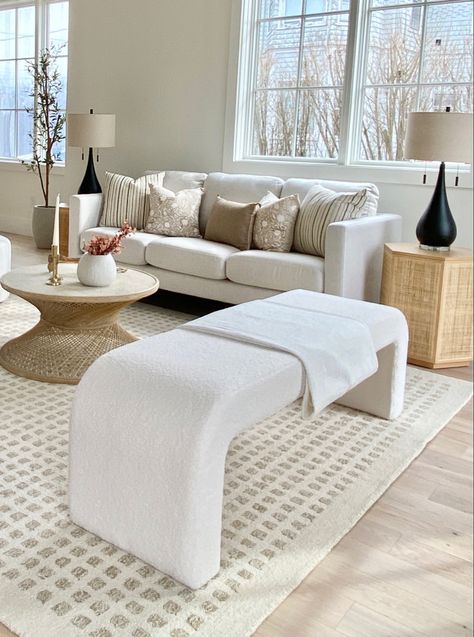 Cream boucle bench
Loloi Polly rug
Woven coffee table 
Neutral decor Boucle Ottoman Living Room, Layered Living Room, Boucle Sectional, Boucle Bench, Boucle Ottoman, Neutral Living Room, Living Room Bench, Ottoman In Living Room, Ottoman Bench