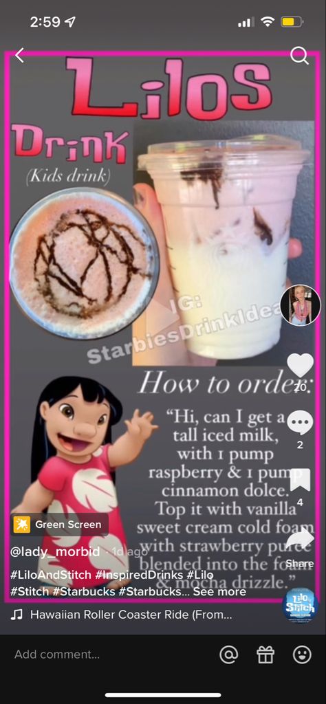 Stitch Drink Starbucks, Starbucks Drinks For Scorpios, Lilo And Stitch Starbucks Drink, Loki Starbucks Drink, Starbucks Secret Menu Drinks Frappuccino Halloween, Disney Starbucks Secret Menu Drinks, Stitch Starbucks Drink, Disney Princess Starbucks Drinks, Kid Friendly Starbucks Drinks