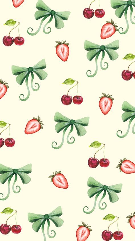 Vintage Cherry Wallpaper, Cherry And Strawberry Wallpaper, Green Bows Wallpaper, Cherry Bow Wallpaper, Vintage Strawberry Aesthetic, Green Bow Wallpaper, Pink Cottage Core Aesthetic, Vintage Strawberry Wallpaper, Green Coquette Wallpaper