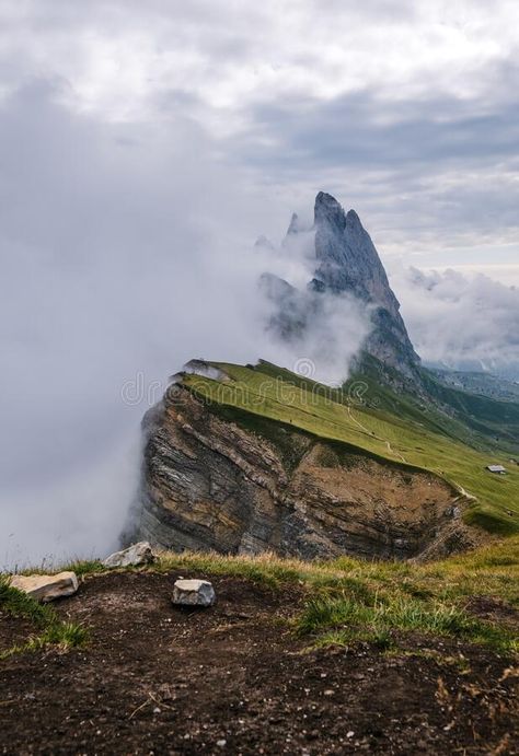 Seceda with a cloud just about to cover the peak. stock photo Foggy Morning, The Peak, Mountain Range, Business Cards, Photo Image, In Italy, Hiking, Stock Photos, Italy