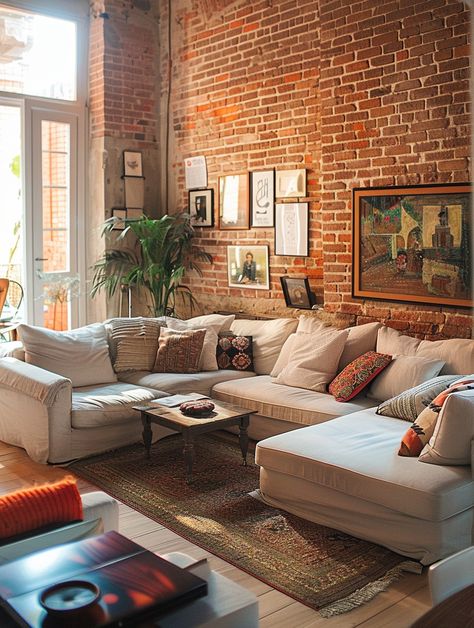 industrial-living-room London Interior Design Living Room, Feminine Industrial Living Room, Brick Wall In Apartment, Loft Style Apartments Decor, Mill Apartment Decor, Vintage Industrial Decor Living Room, Decorate Brick Wall, Living Room With Exposed Brick, Brick Wall Living Room Ideas