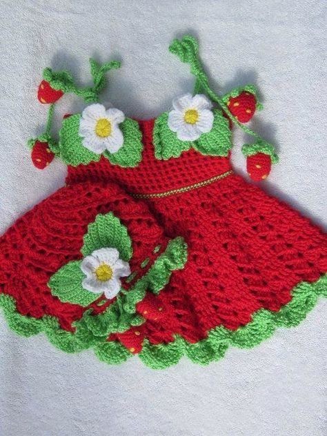 Strawberry Crochet, Crochet Baby Costumes, Crochet Dress Girl, Baby Frock Pattern, Crochet Strawberry, Strawberry Dress, Crochet Baby Girl, Crochet Girls