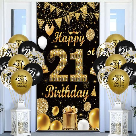 PRICES MAY VARY. Item shape: Round SpecificationsMaterial:Happy 21st Birthday Door Banner: PolyesterHappy 21st Birthday Balloons: Latex Package content:1 × happy 21st birthday door banner6 × black happy 21st birthday balloons6 × gold happy 21st birthday balloons6 × transparent happy 21st birthday balloons with gold confetti Use place: 21st birthday party, 21st anniversary, indoor, outdoor Notice:1. Due to manual measurement, please allow a difference of 1-3cm, thank you for your understanding!2. Birthday Door Decorations, 21st Birthday Balloons, 21st Birthday Ideas, Birthday Door, Birthday Party Balloons, 21st Anniversary, 21st Birthday Party, 21 Birthday, Happy 21st Birthday