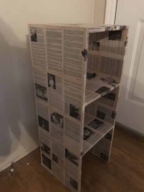 Found this cheap white shelf at a yard sale. I took an old Guinness book of world records and decoupaged the pages onto the shelf to create a fun book shelf for my son. Diy Book Shelf Cardboard, Shelf With Cardboard, Bookshelf From Cardboard, Room Decor Book Pages, Diy Shelf From Cardboard Boxes, Cardbord Shelf, Cardboard Box Storage, Cardboard Box Diy, Bookshelf Aesthetic