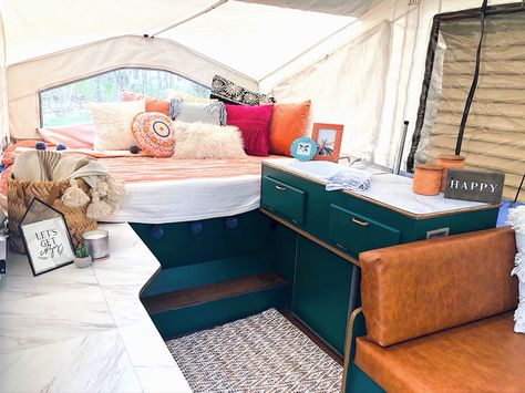 Diy Pop Up Camper Remodel Color Schemes, Pop Up Camper Green Cabinets, Boho Pop Up Camper, Refurbish Pop Up Camper, Pop Up Camper Canvas Replacement, Palomino Pop Up Camper Makeover, Tent Trailer Remodel, Popup Camper Remodel, Motorhome Remodel