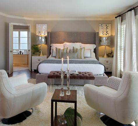 Love the sitting area in the bedroom, don't care for the pictures over the lamps though (too busy) Bedroom Ideas Black Headboard, Small Sitting Area In Bedroom, Sitting Area In Bedroom, Bedroom Ideas Black, Small Sitting Area, Huge Bedrooms, Black Headboard, Bedroom Bliss, Bedroom Master