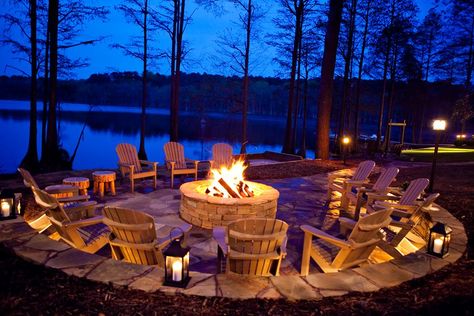 Allow our fire pit to melt away your worries as you relax by the lake. Waterfront Fire Pit Ideas, Fire Pit By Lake, Lake Fire Pit, Lake House Fire Pit, Lake House Backyard, Cabin Fire Pit, Manifestation 2025, Cabin Landscaping, Outdoor Meditation