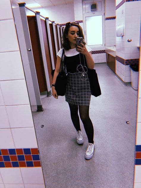 Black Tank Over White Shirt, Shirt Under Tank Top Outfit, Skirt White Sneakers, Guts Tour, Tank Top Outfits, Plaid Mini Skirt, Skirt White, Plaid Skirt, Plaid Skirts