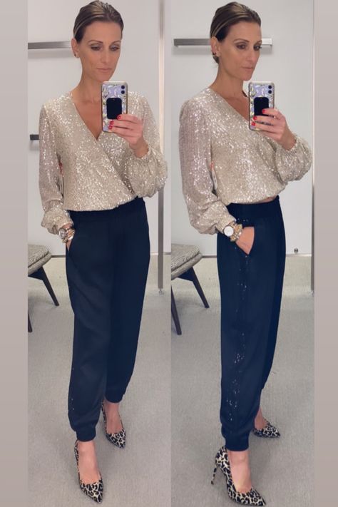 Sparkle Blouse Outfit, Glittery Top Outfits Night, Sparkle Shirt Outfit Sequin Top, Styling Sequin Top, Metallic Top Outfit Black Women, Gold Shirt Outfit Blouses, Batwing Top Outfit, Gold Sequin Top Outfit, Gold Blouse Outfit