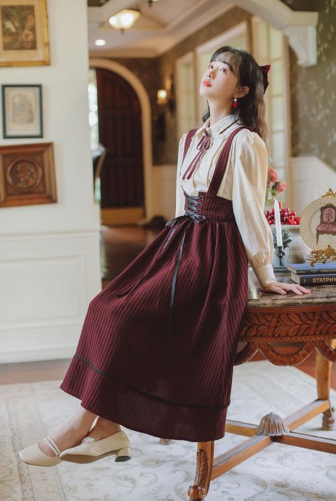 ❤Lace Collar Bowtie Shirt + Corset Stripe Skirt❤Unit (cm)   shirt  S.  Length 59 Shoulder Width 37 Sleeve Length 57 Chest 92  M.  Length 60 Shoulder Width 38 Sleeve Length 58 Chest 96  L.  Length 61 Shoulder width 39 Sleeve length 59 Chest measurement 100  XL  Length 62 Shoulder width 40 Sleeve length 60 Chest measurement 104   one piece  S.  Length 84 Waist 64  M.  Length 85 Waist 68  L.  Length 86 Waist 72  XL  Length 87 Waist 76 Shirt Corset, Bow Tie Shirt, Dark Academia Fashion, Academia Fashion, Tie Shirt, Bow Tie Collar, Suspender Skirt, Pinafore Dress, Lace Collar